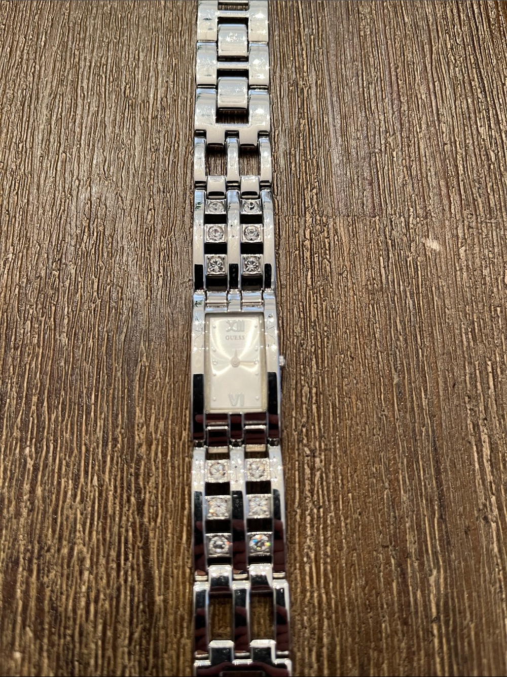 Guess Women’s Watch Silver Rhinestone Bracelet EUC Sparkle Rectangle Face Chain